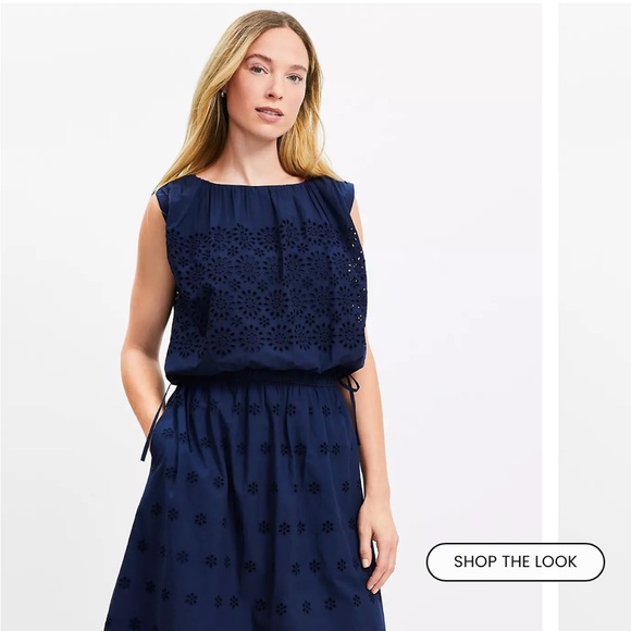 LOFT Eyelet Side Tie Pleated Bubble Top Medium Petite - Picture 2 of 6